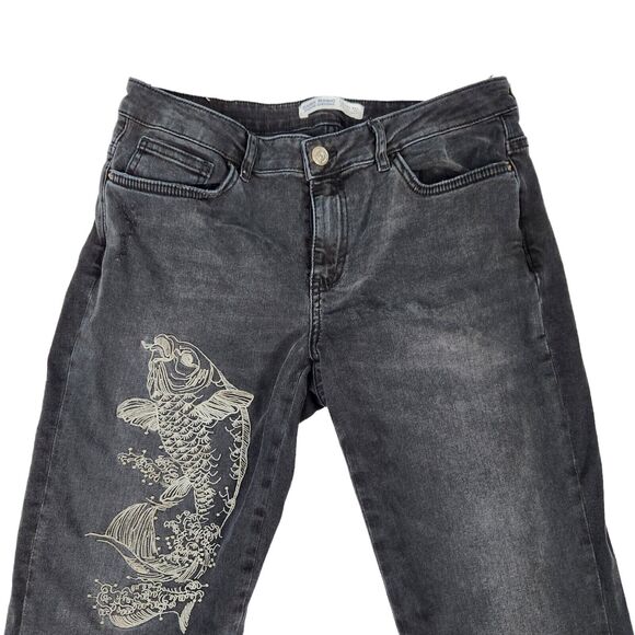 Zara Jeans Womens Sz 10 Black Koi Fish Embroidery Z1975 Denim Distressed Hems - Picture 2 of 11